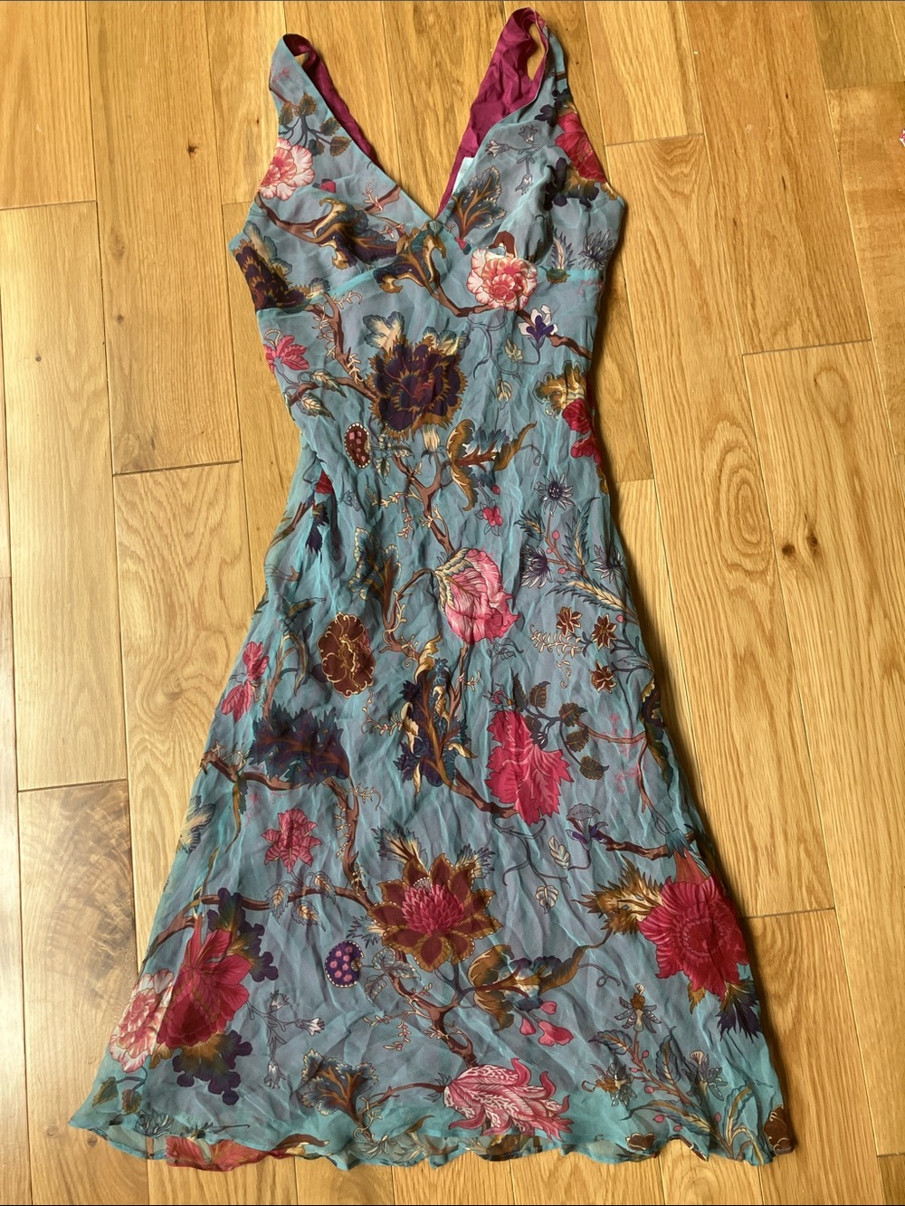Teal Floral Midi Slip Dress with Pink Accents